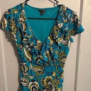 East 5th Teal and Lime Green Floral Ruffle Top size Small Dress